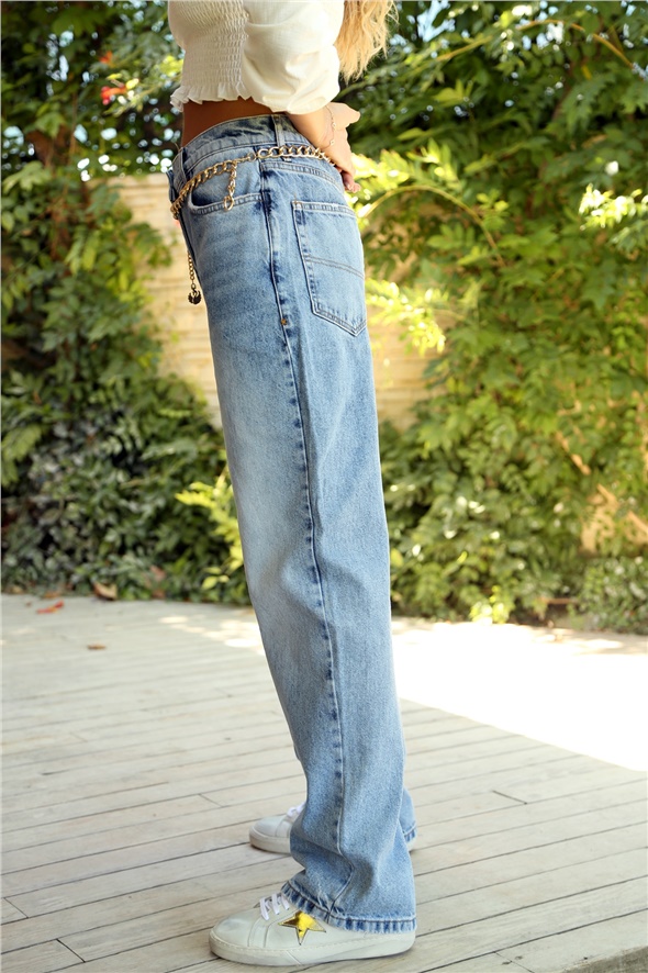 Açık Mavi Extra Yüksek Bel Boru Paça Pantolon 