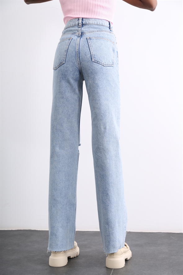 Açık Mavi Yüksek Bel Yırtıklı Wide Leg Jean 