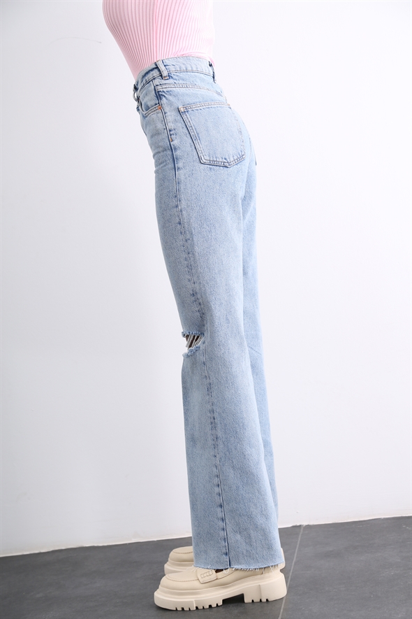 Açık Mavi Yüksek Bel Yırtıklı Wide Leg Jean 