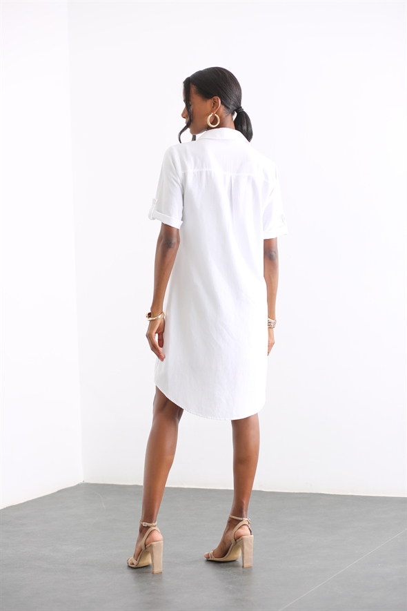 Beyaz Gömlek Yaka Keten Elbise 4408
