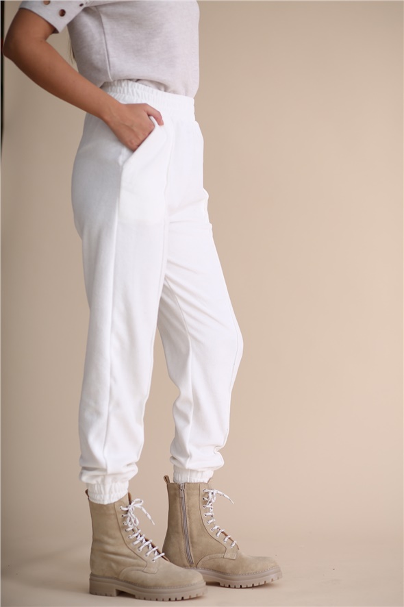 Beyaz Havlu Kadife Jogger Pantolon 33026