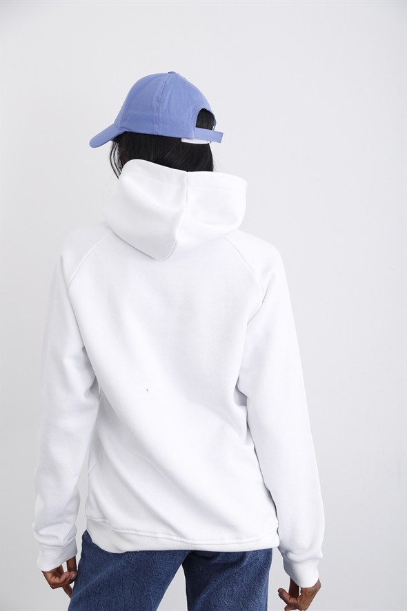 Beyaz Kapüşonlu Şardonlu Sweatshirt 