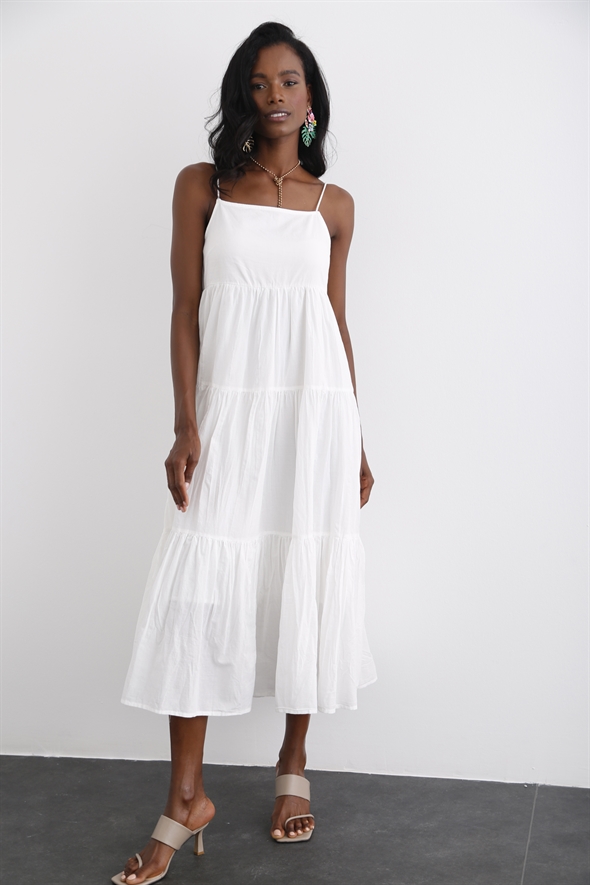 Beyaz Spagetti Askılı Katlı Elbise 3818