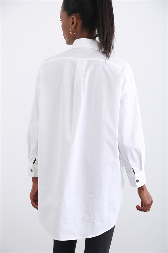 Beyaz Tek Cep Oversize Gömlek 12112