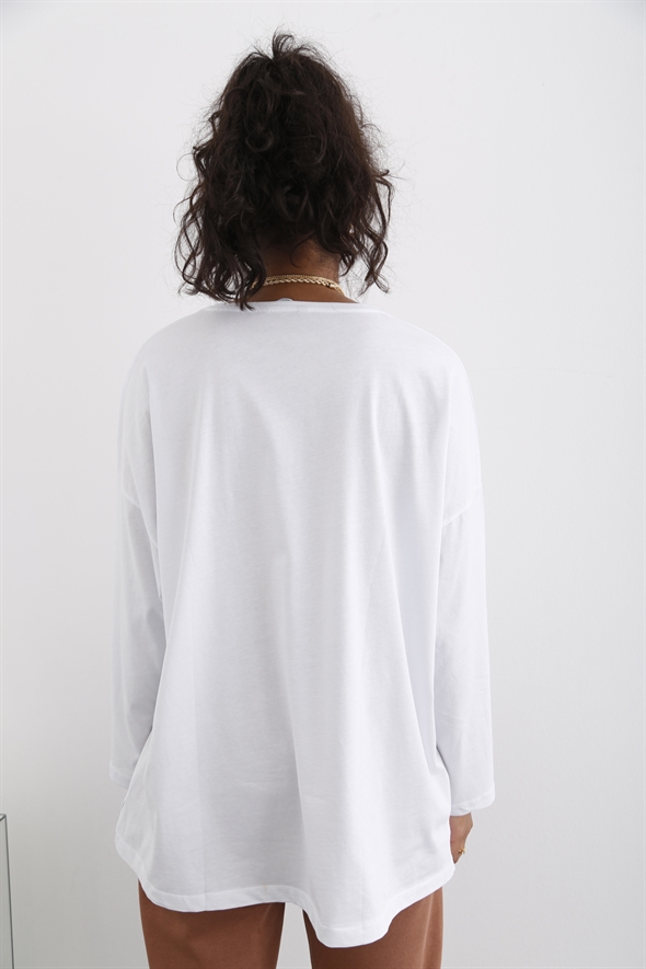 Beyaz Uzun Kol Oversize Tshirt 0106