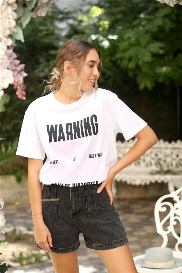 Beyaz Warning Baskılı Tshirt 3145