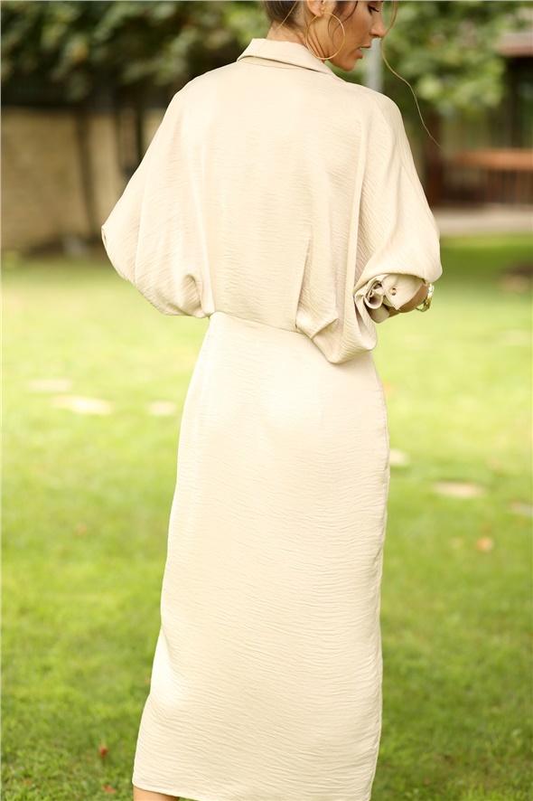 Camel Kol Detaylı Gömlek Elbise 6330