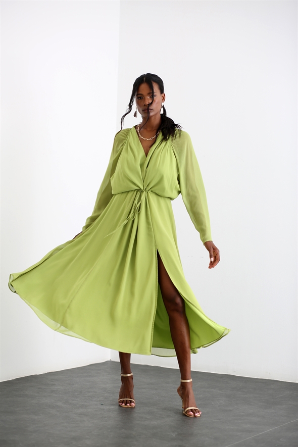 Fıstık Yeşili Beli Büzgülü Maxi Elbise 285151