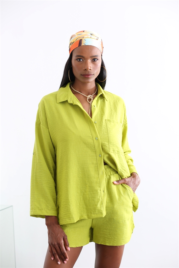 Fıstık Yeşili Keten Gömlek Şort Takım 0305