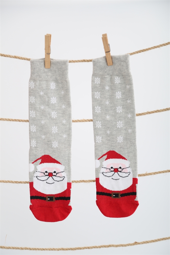 Gri Noel Babalı Uzun Çorap 