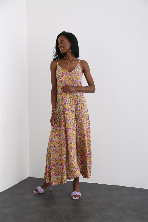 Hardal Ayarlanabilir Askılı Çiçekli Elbise 2044