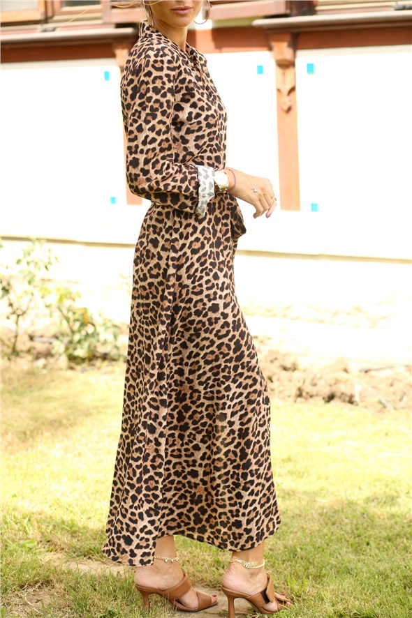 Kahverengi Kuşaklı Leopar Desen Gömlek Elbise 