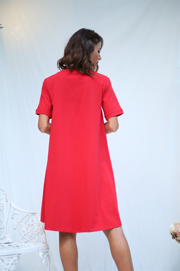 Kırmızı Önü Cepli Penye Elbise 2005