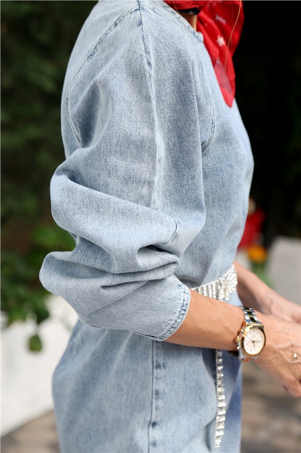 Mavi Sırtı Fermuarlı Jean Elbise 