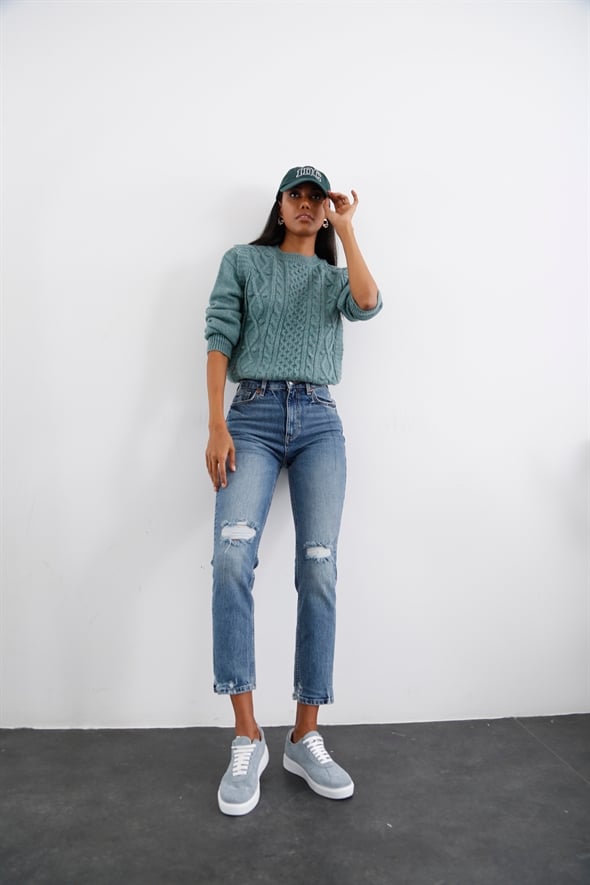 Mavi Yüksek Bel Yırtıklı Slim Fit Jean 