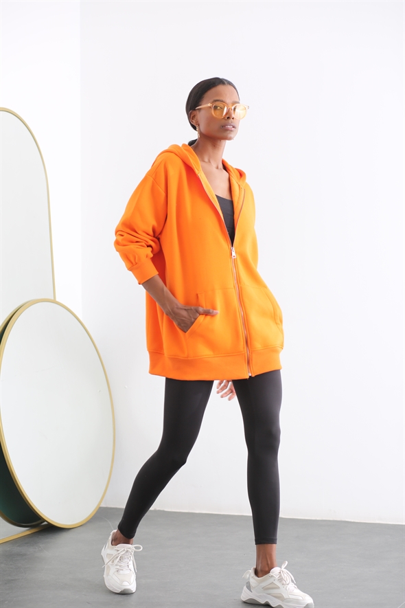 Orange Oversize Fermuarlı Sweatshirt 0167