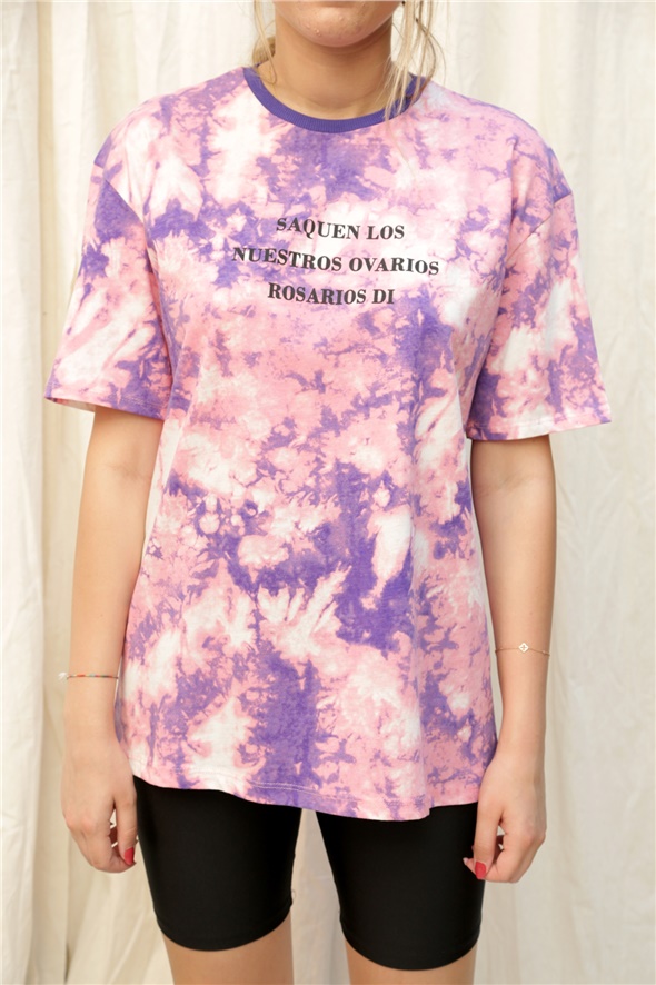 Pembe Batik Desen Yazı Baskılı Tshirt 7164