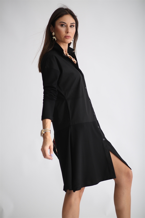 Siyah Altı Penye Poplin Gömlek Elbise 7072
