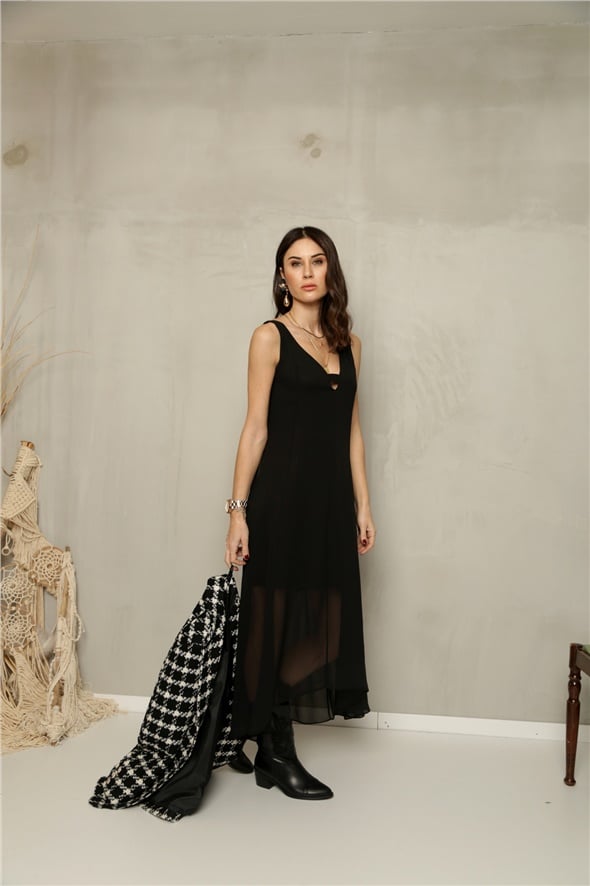 Siyah Askılı Şifon Elbise 110061