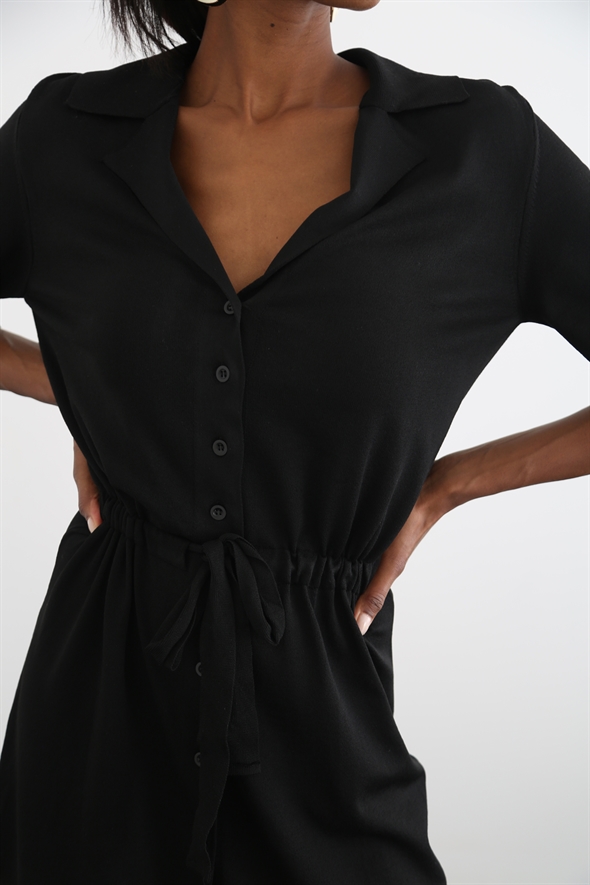 Siyah Beli Büzgülü Gömlek Triko Elbise 