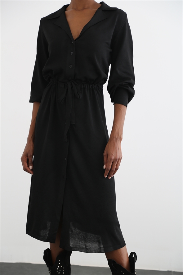 Siyah Beli Büzgülü Gömlek Triko Elbise 