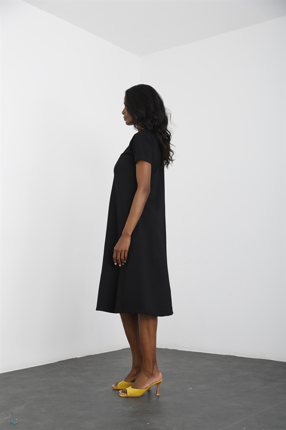 Siyah Cep Detaylı V Yaka Elbise 25736