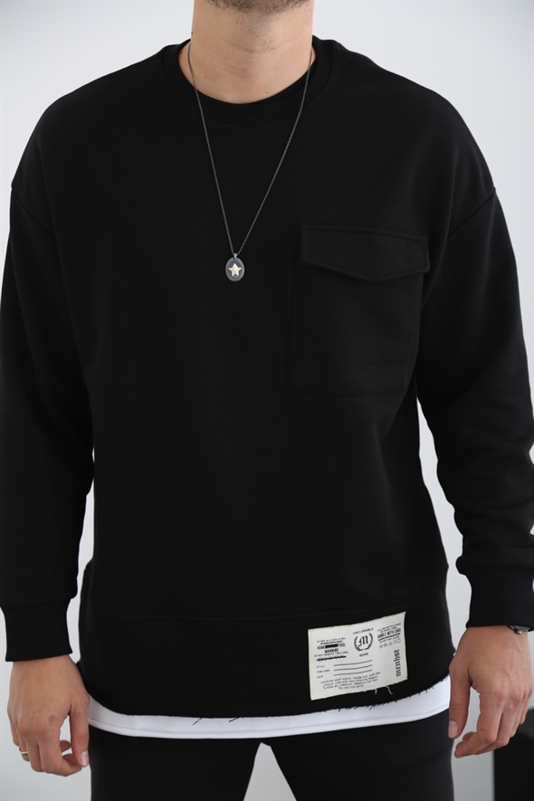 Siyah Erkek Tek Cep Sweatshirt M3205