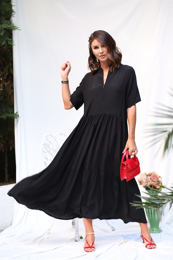 Siyah Fermuarlı Oversize Krep Elbise 2011