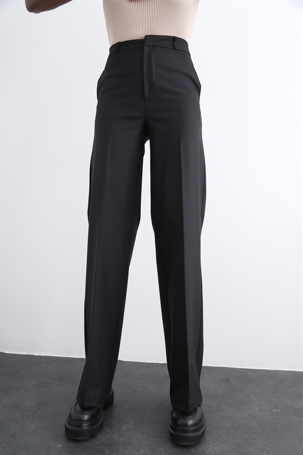 Siyah Geniş Paça Kumaş Pantolon-1 8010