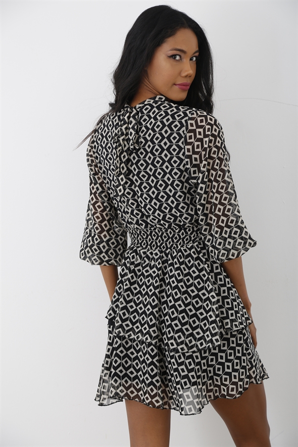 Siyah Geometrik Desen Şifon Elbise 90188