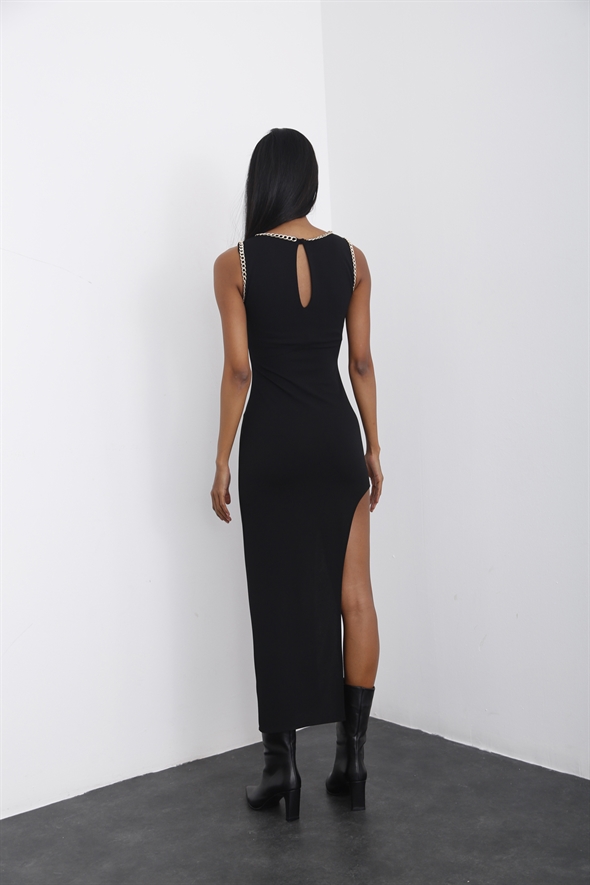 Siyah Kalın Askılı Asimetrik Elbise 90058