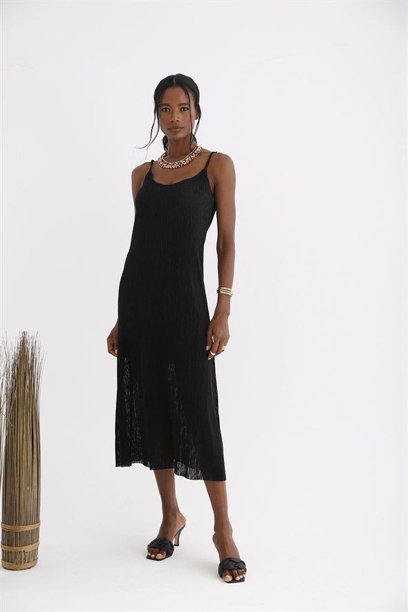 Siyah Kendinden Dokulu Askılı Elbise 25080