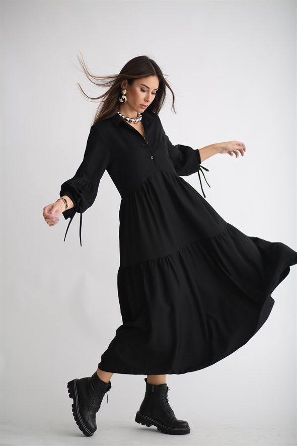 Siyah Kol Detaylı Parçalı Elbise 7080