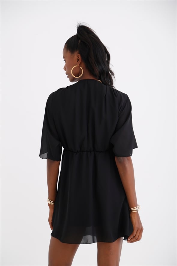 Siyah Krep Şifon Elbise 
