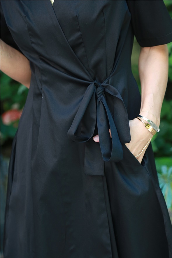 Siyah Kruvaze Poplin Elbise
