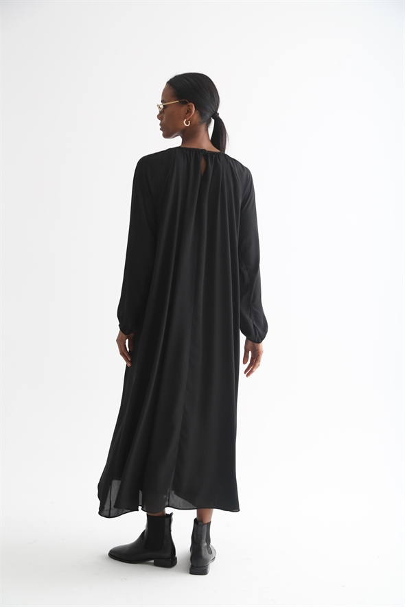 Siyah Oversize Kolları Lastikli Elbise 0081