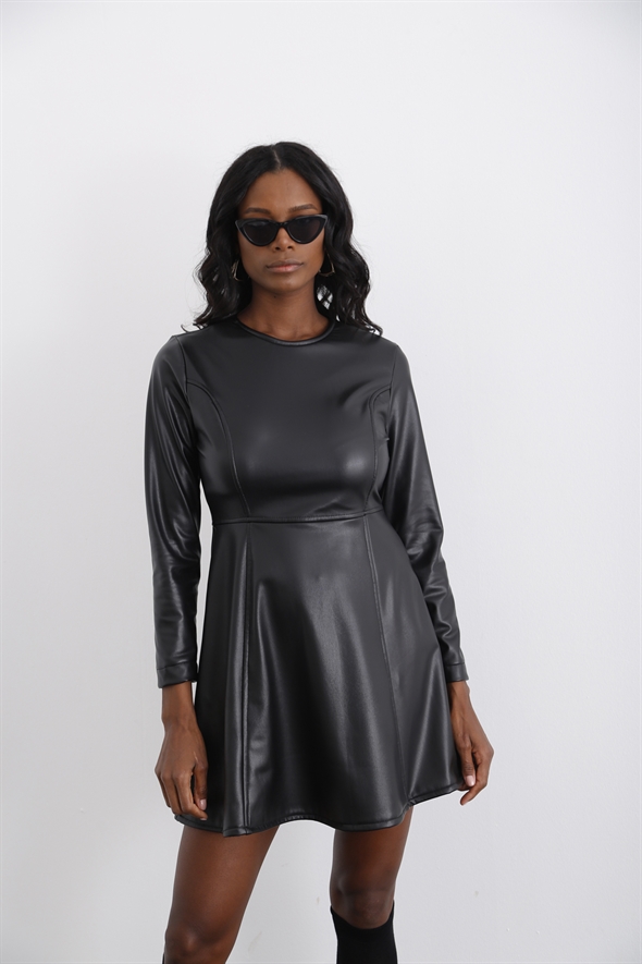 Siyah Parçalı Deri Elbise 0182