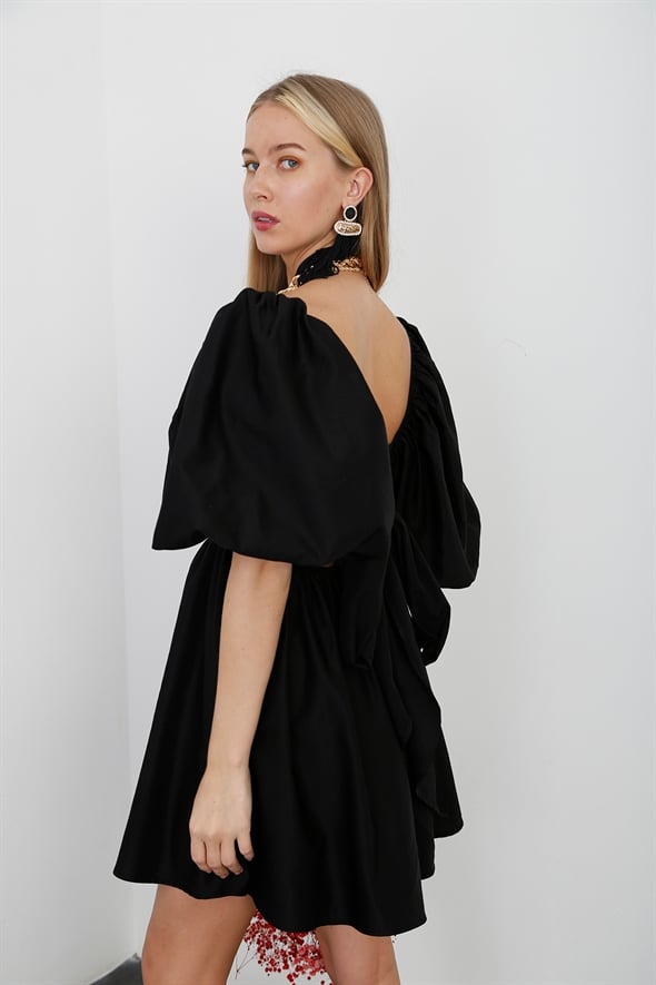 Siyah Sırtı Bağlamalı Balon Kol Elbise 285128