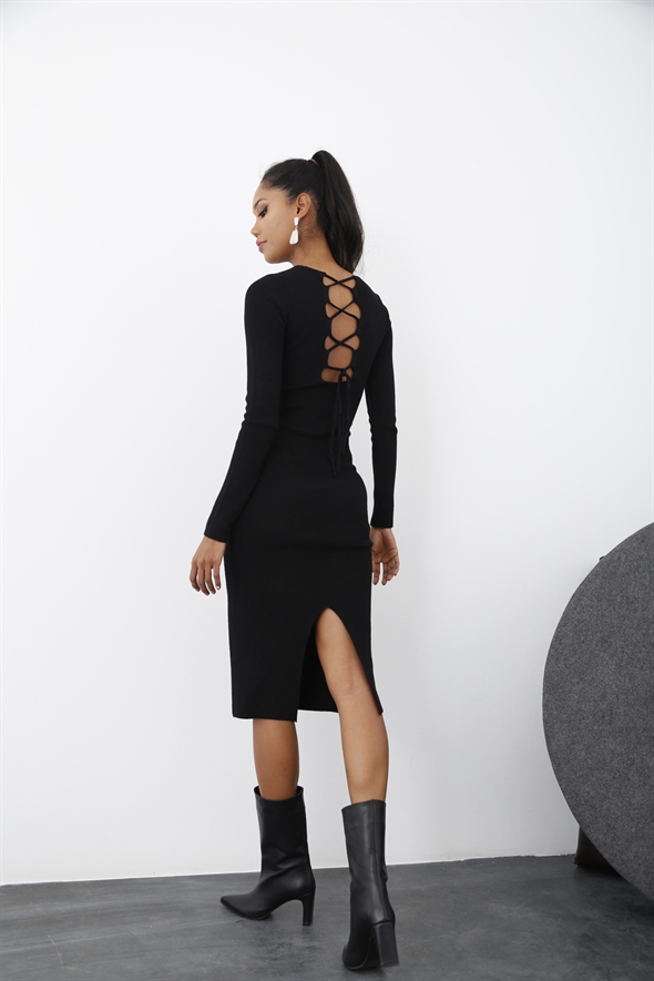 Siyah Sırtı Bağlamalı Triko Elbise 3373