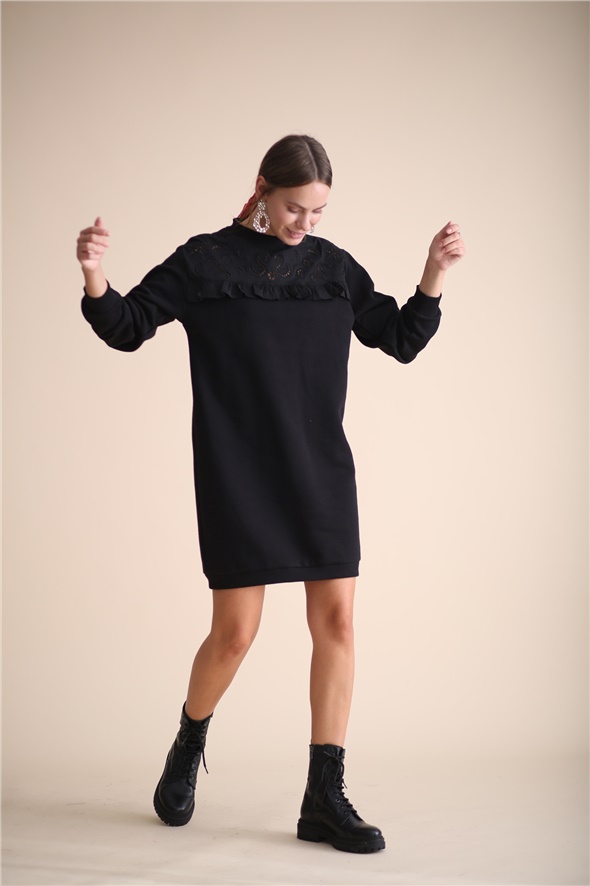 Siyah Uzun Kol Nakışlı Elbise 2869