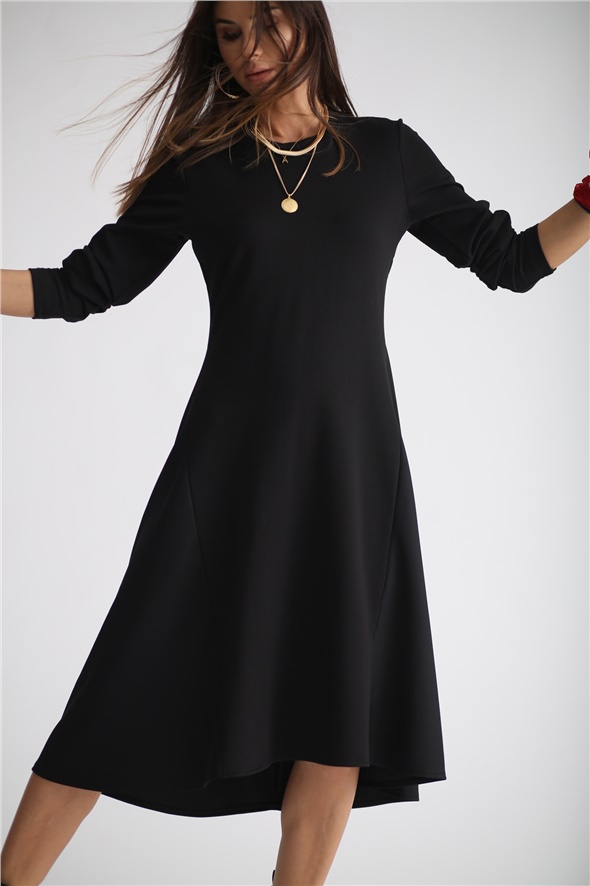 Siyah Uzun Kol Parçalı Elbise 7054