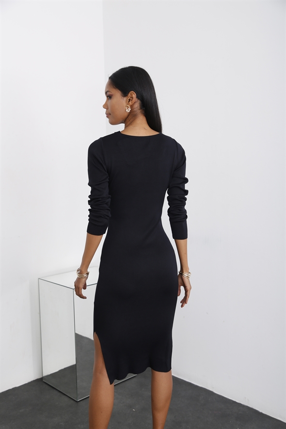 Siyah Yakası Çapraz Midi Elbise 21707