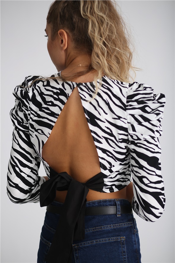 Siyah Zebra Desen Sırtı Bağlamalı Bluz 