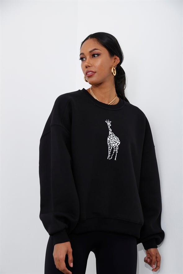 Siyah Zürafa Baskılı Şardonlu Sweatshirt 225