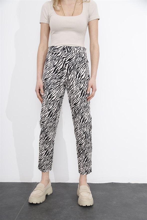 Bej Zebra Desenli Pantolon 