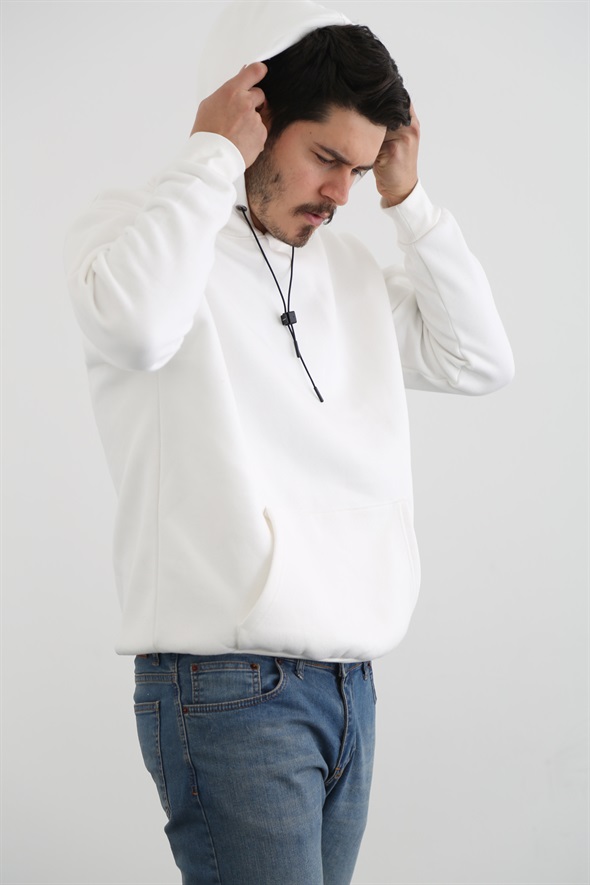 Beyaz Erkek Kapşonlu Şardonlu Sweatshirt K-231
