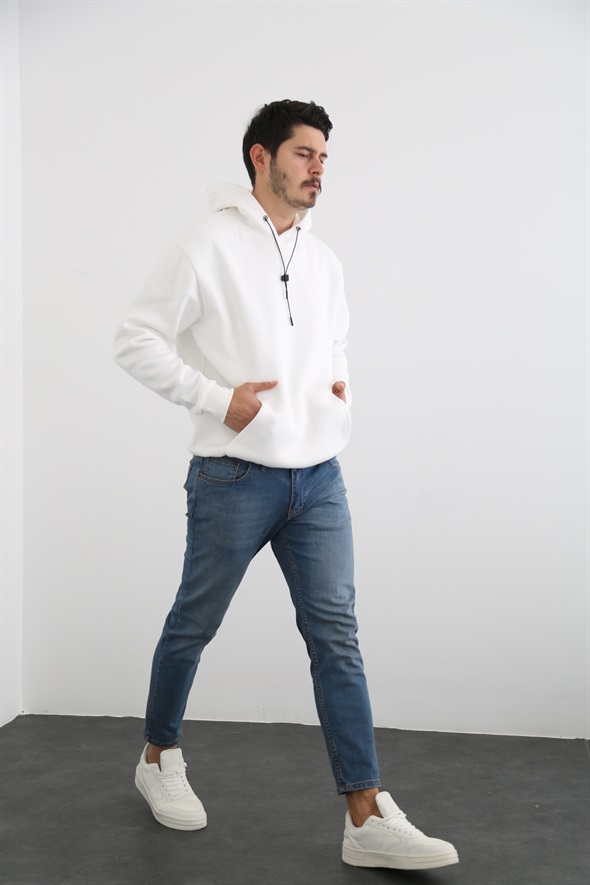 Beyaz Erkek Kapşonlu Şardonlu Sweatshirt K-231