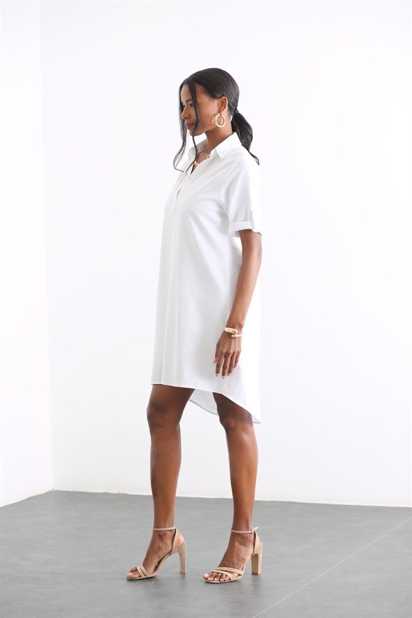 Beyaz Gömlek Yaka Keten Elbise 4408