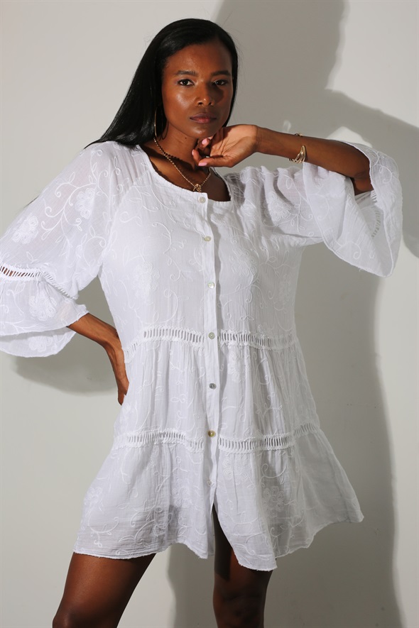 Beyaz İşlemeli Bohem Elbise 50537