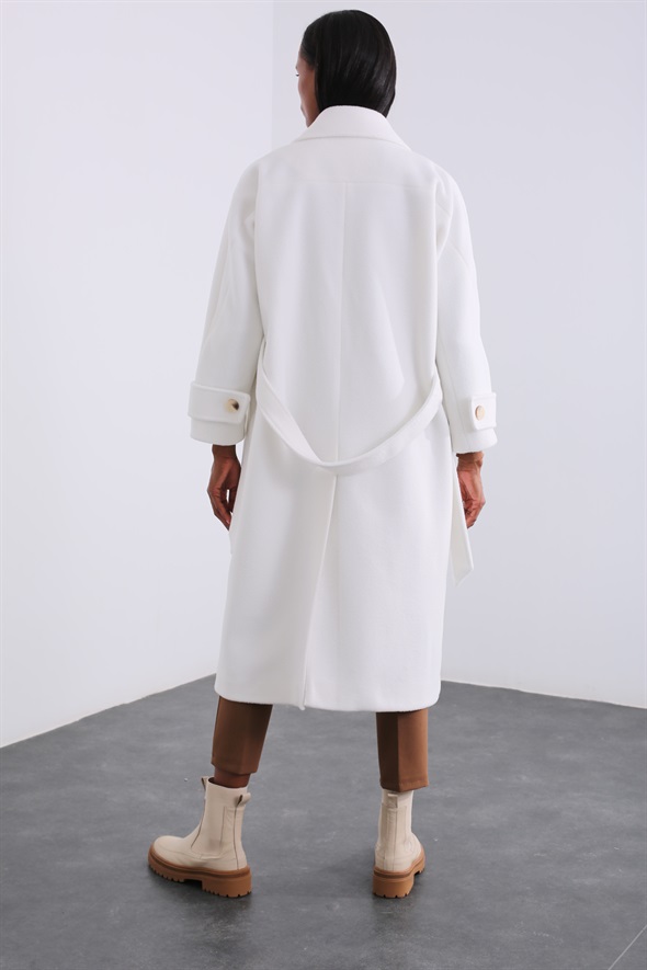 Beyaz Kaşe Maxi Palto 54047